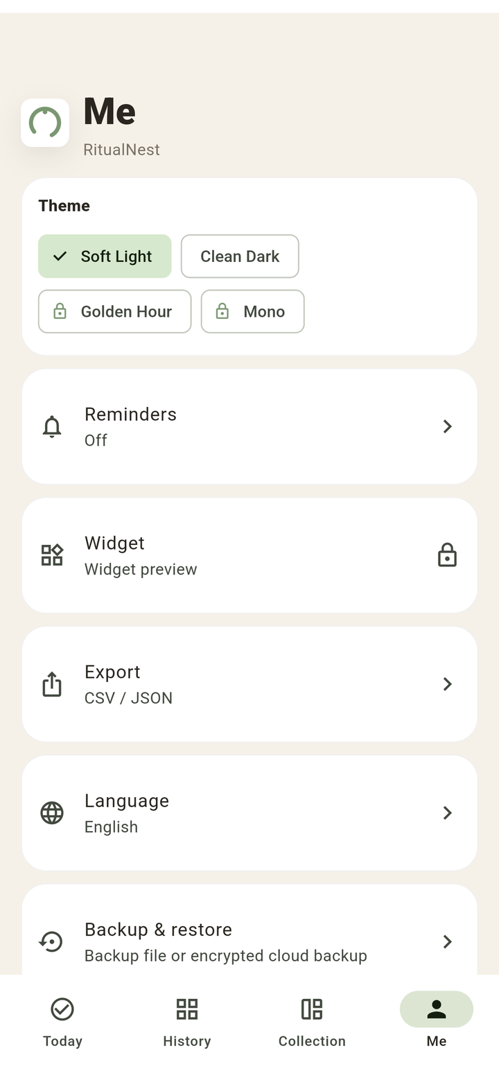 RitualNest - Profile & export