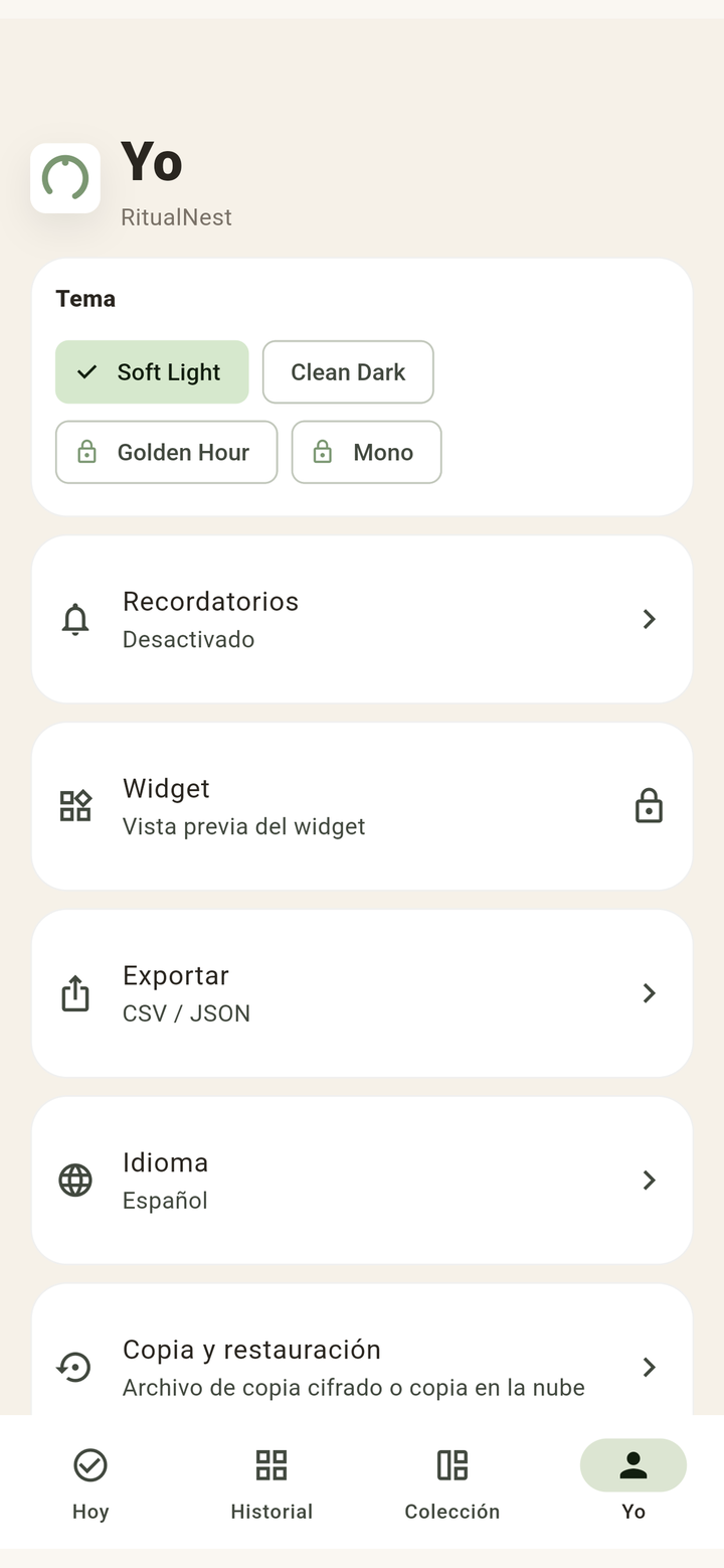 RitualNest - Perfil y exportación