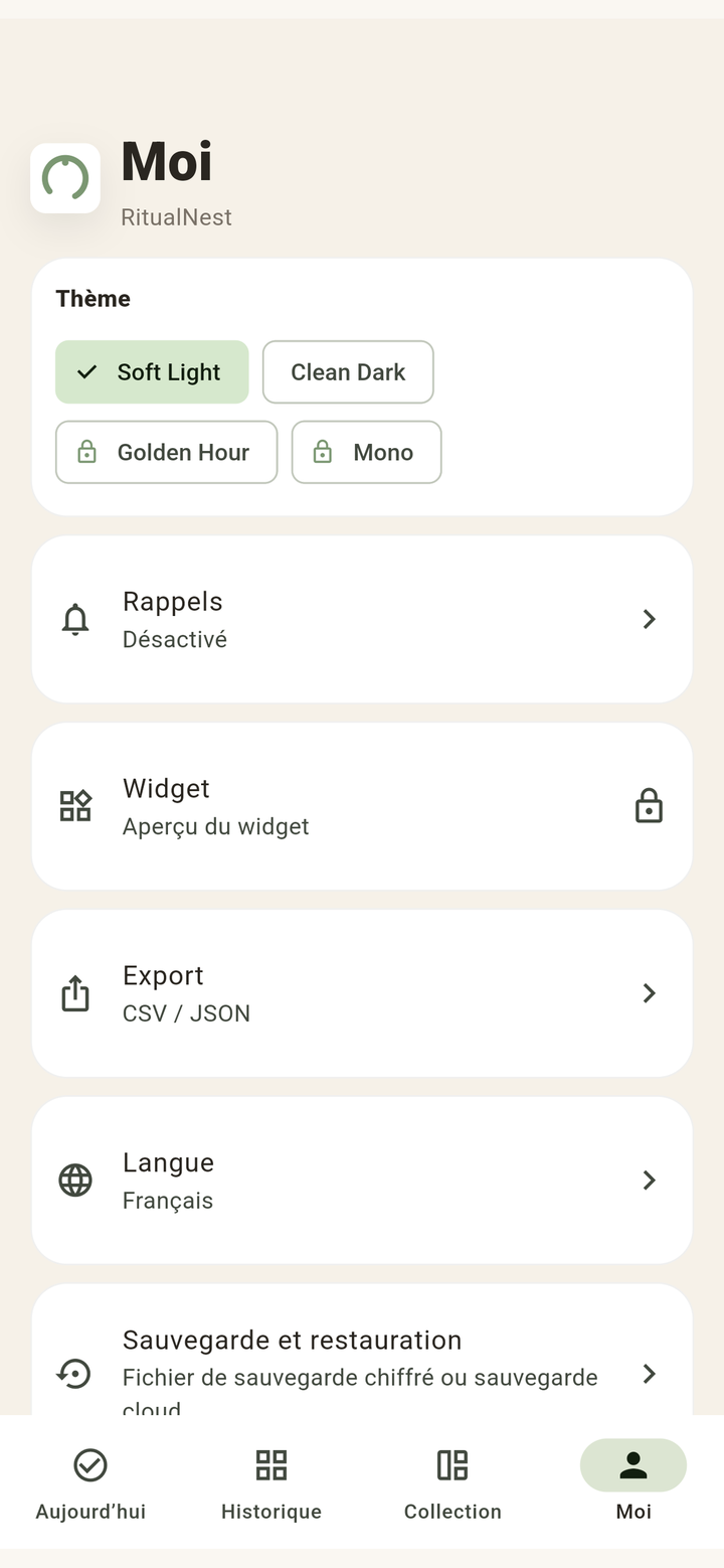 RitualNest - Profil et export