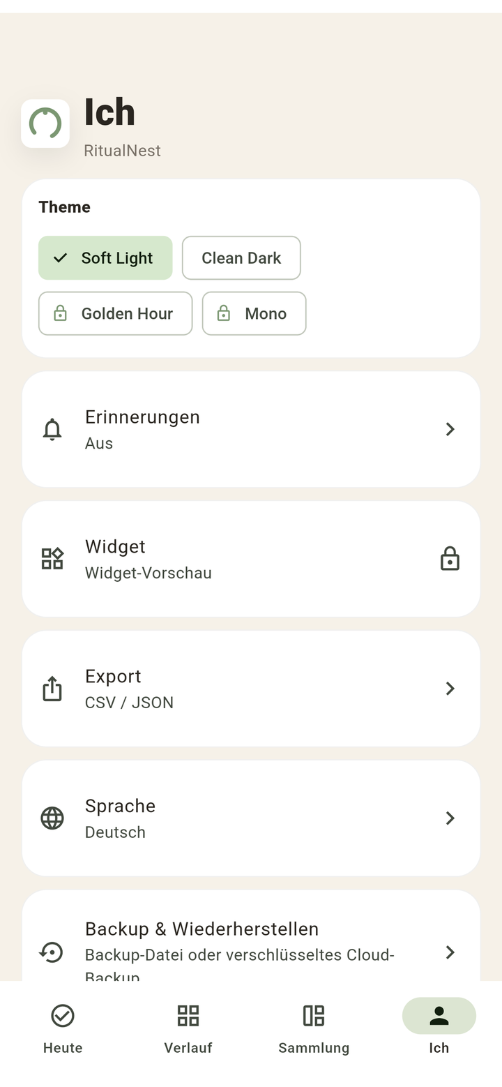 RitualNest - Profil & Export
