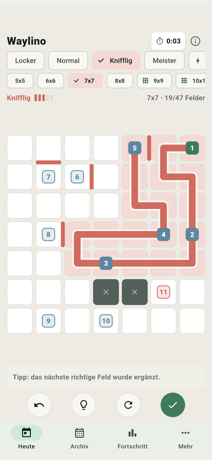Waylino Tagesrätsel mit Puzzle-Raster.