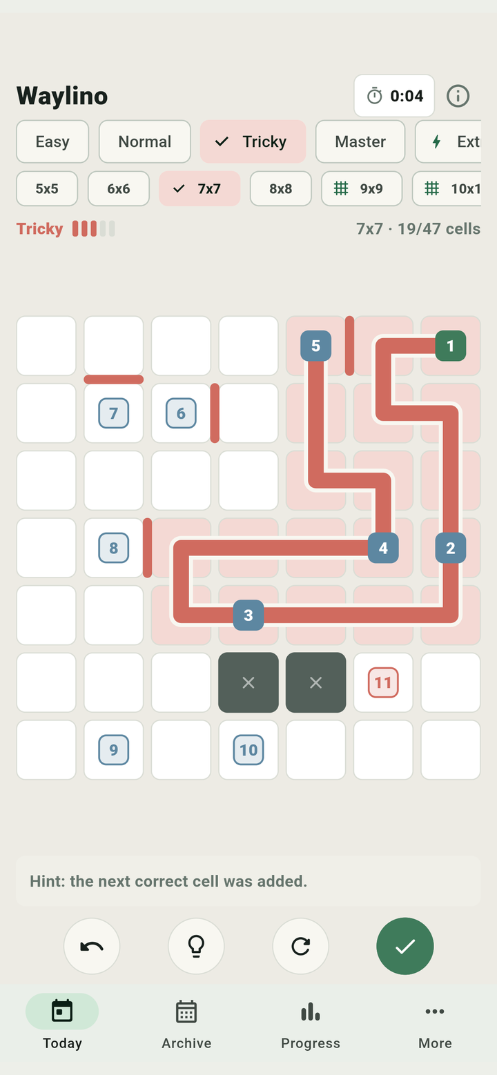 Waylino daily puzzle with the puzzle grid.