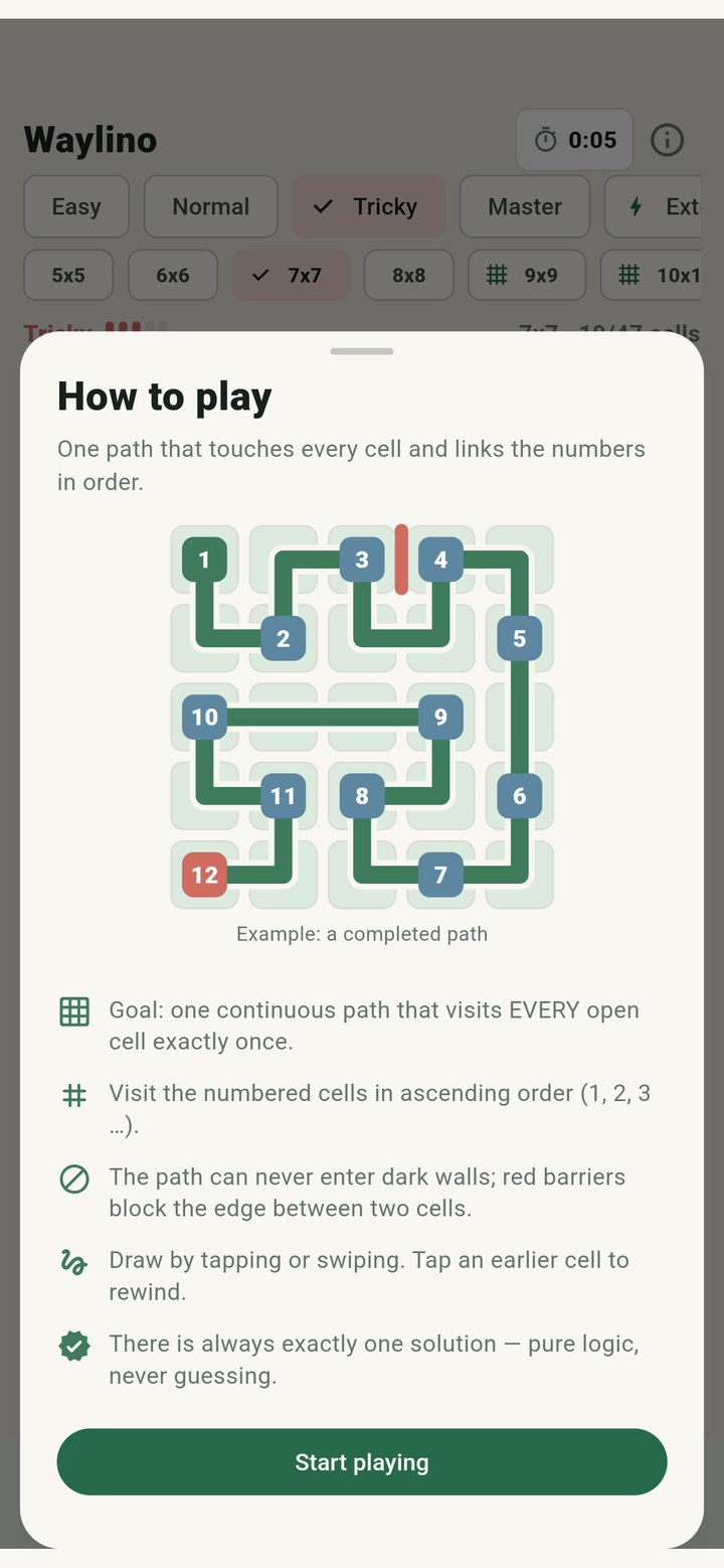 Waylino rules screen with gate rules and an example grid.